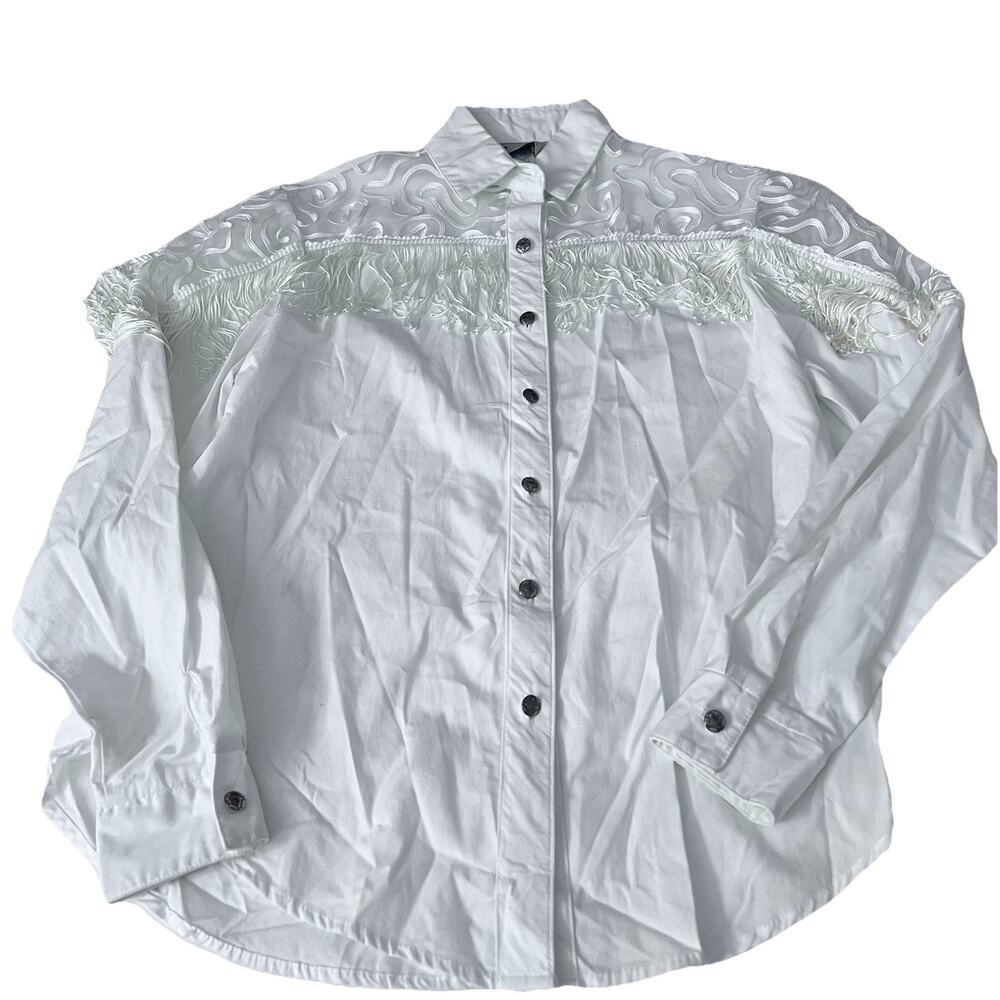 Vintage White Button Down Fringe Lace Cowgirl Top Circle T By Marilyn Lenox